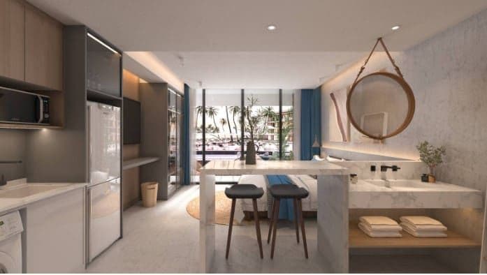 A room with a table and chairs