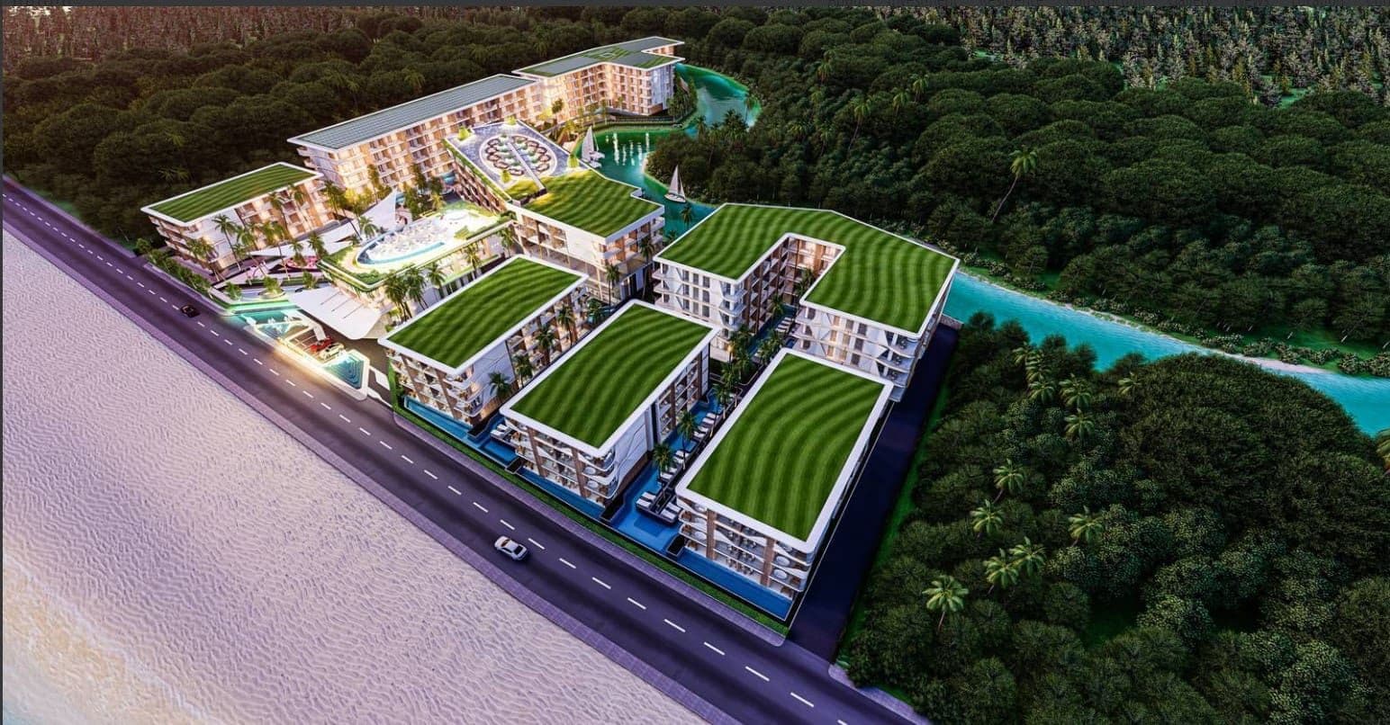 A building with a pool and trees