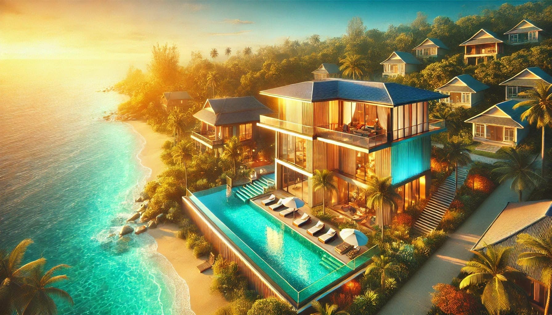 Aerial view of a modern Phuket pool villa at golden hour, overlooking the Andaman sea