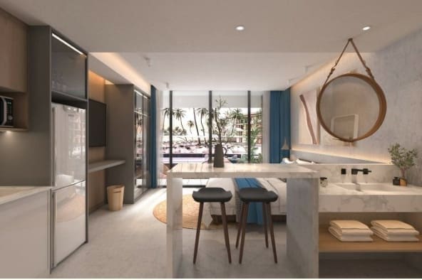 A room with a table and chairs