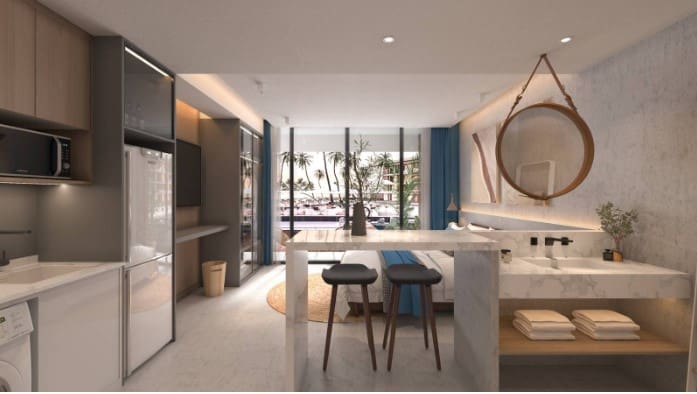 A room with a table and chairs