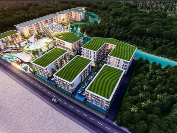 A building with a pool and trees